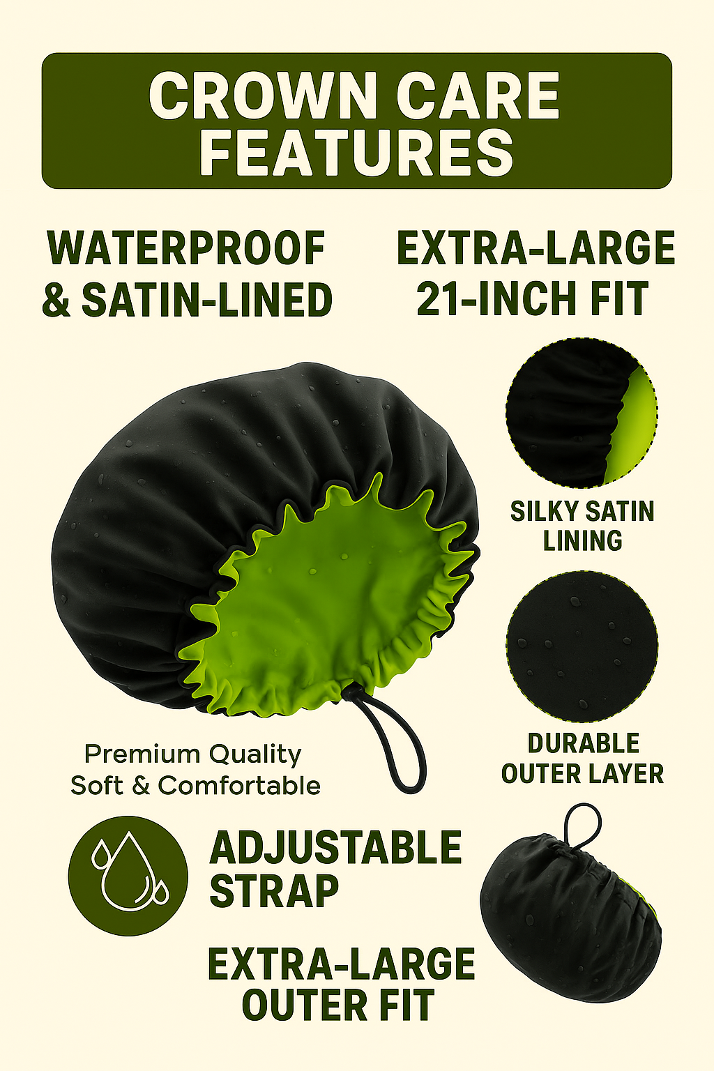 Satin-Lined Waterproof Shower Cap – Adjustable XL Fit