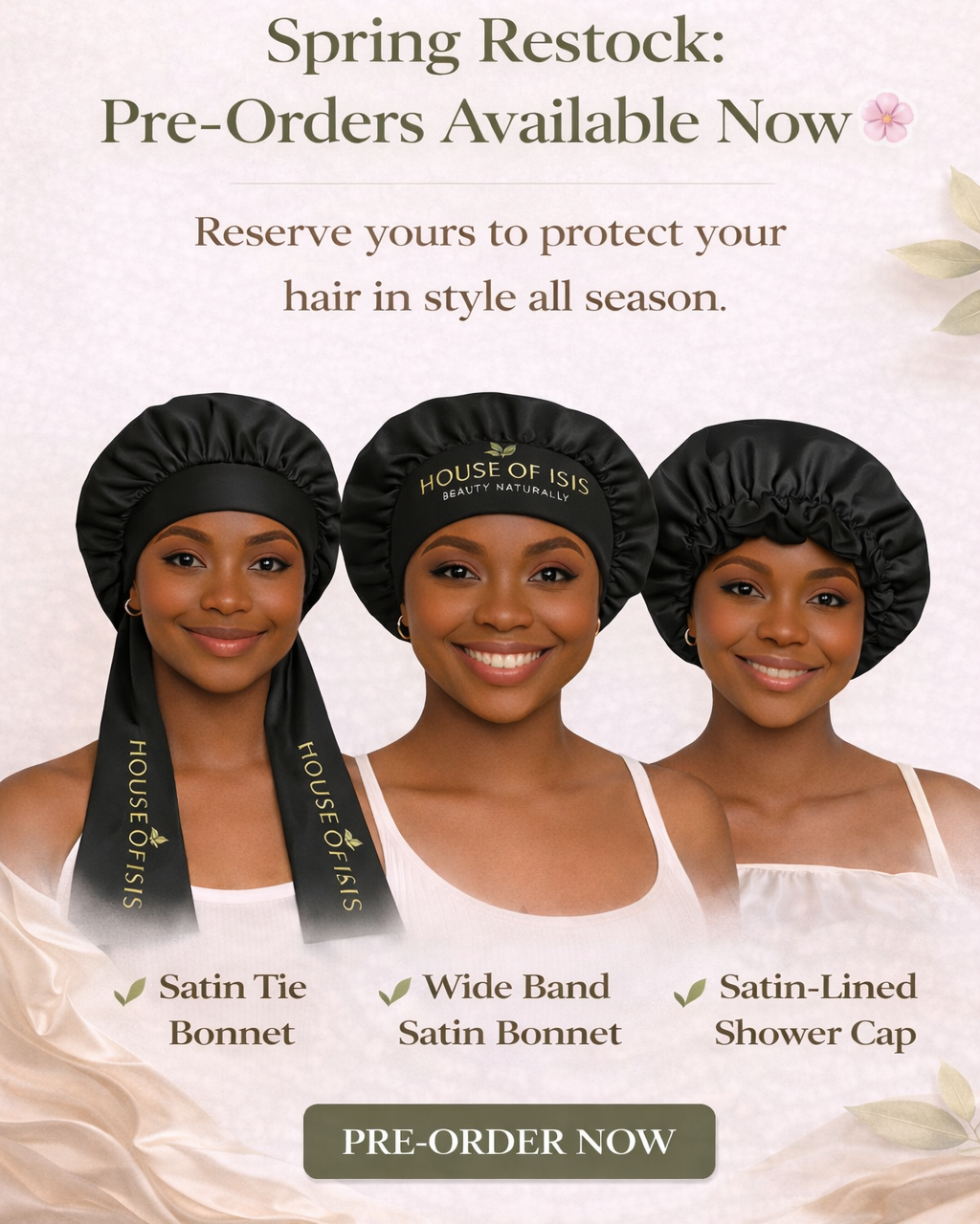 Three women wearing satin bonnets with promotional text for pre-orders.